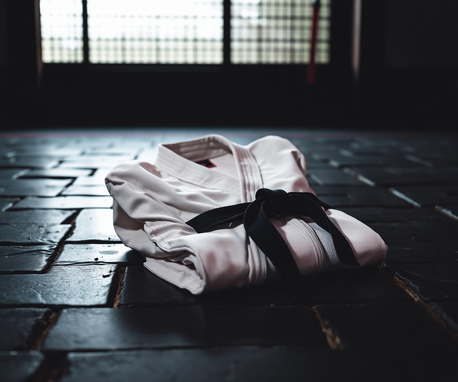 Karate gi and black belt on dojo floor